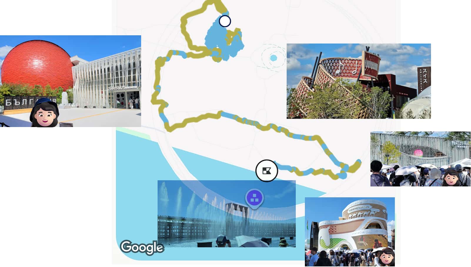 万博当日13時台の行程(昼のパビリオン外観)