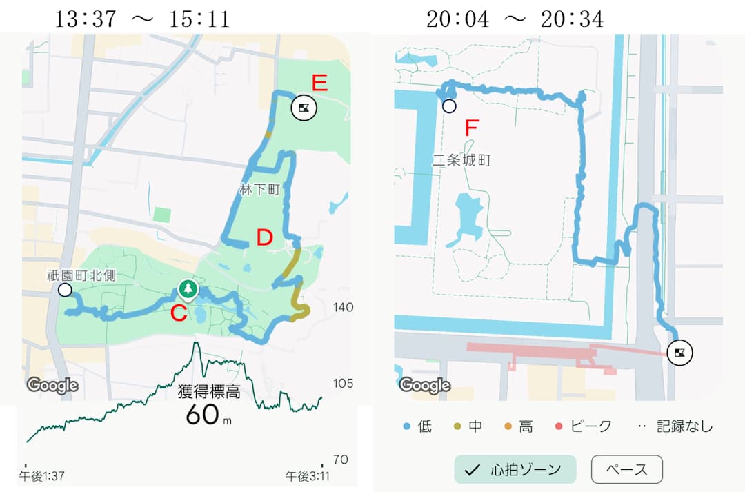 桜ツアーのfitbitハイキングデータCDEF